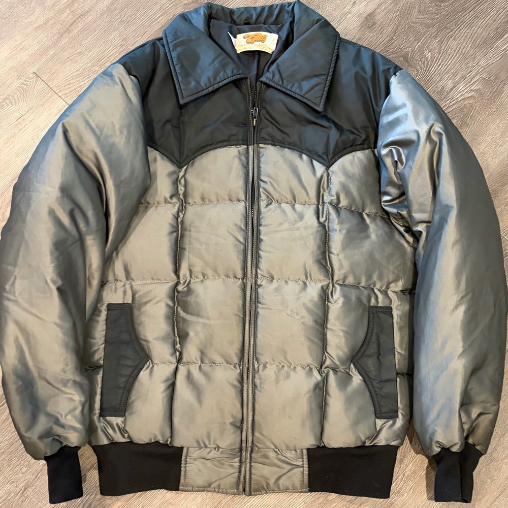 Vintage Western Puffer Jacket Gray Black Goose Down USA Made 70s 80s Mens XL
